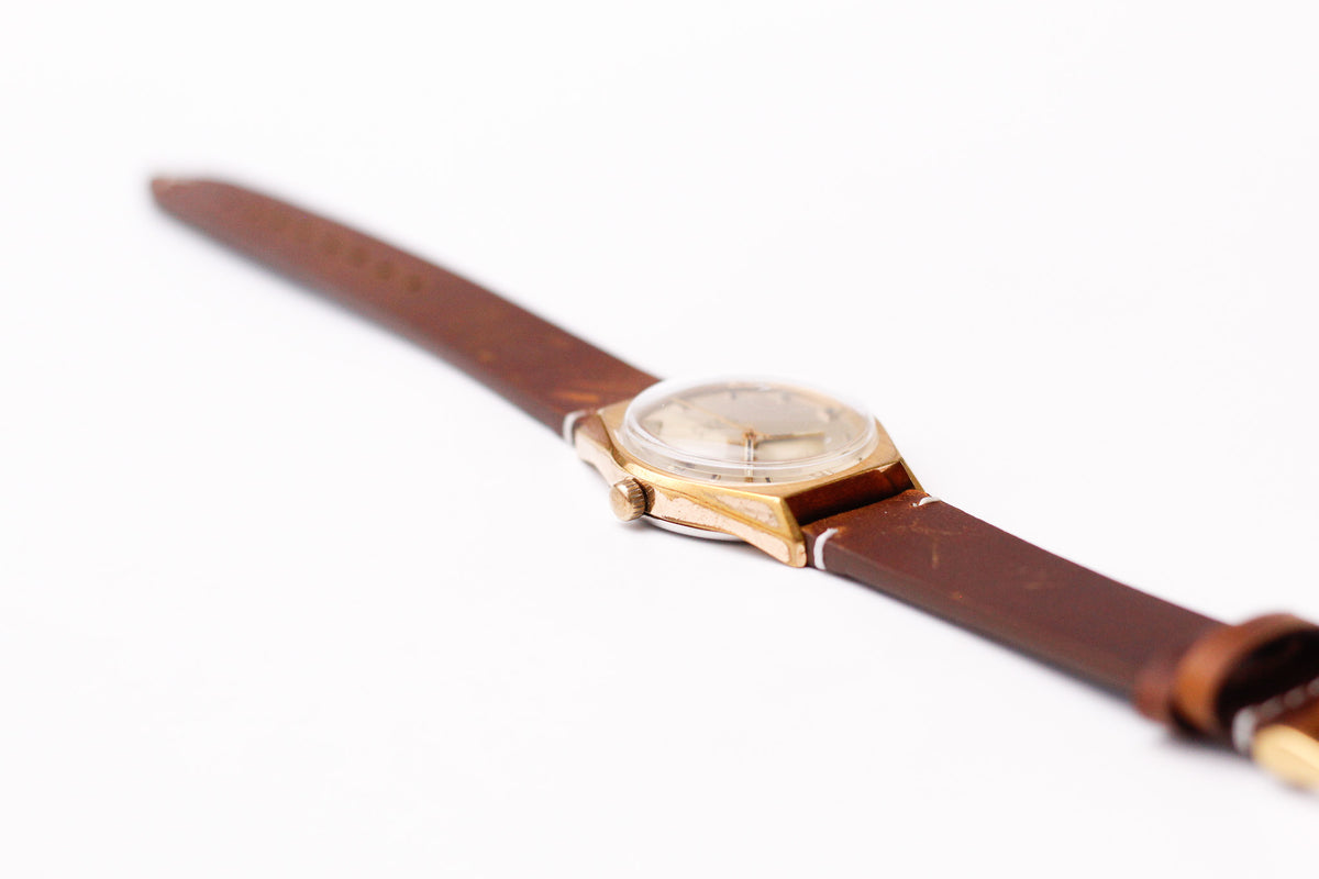 [Serviced] 1960s Helbros Mechanical Golden Sunburst Dial Men's Wrist-Watch