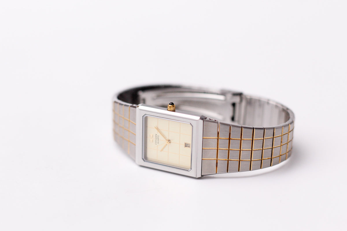 1984 Citizen Quartz Golden 'Grid' Dial Two Tone Tank Men's Wrist-Watch