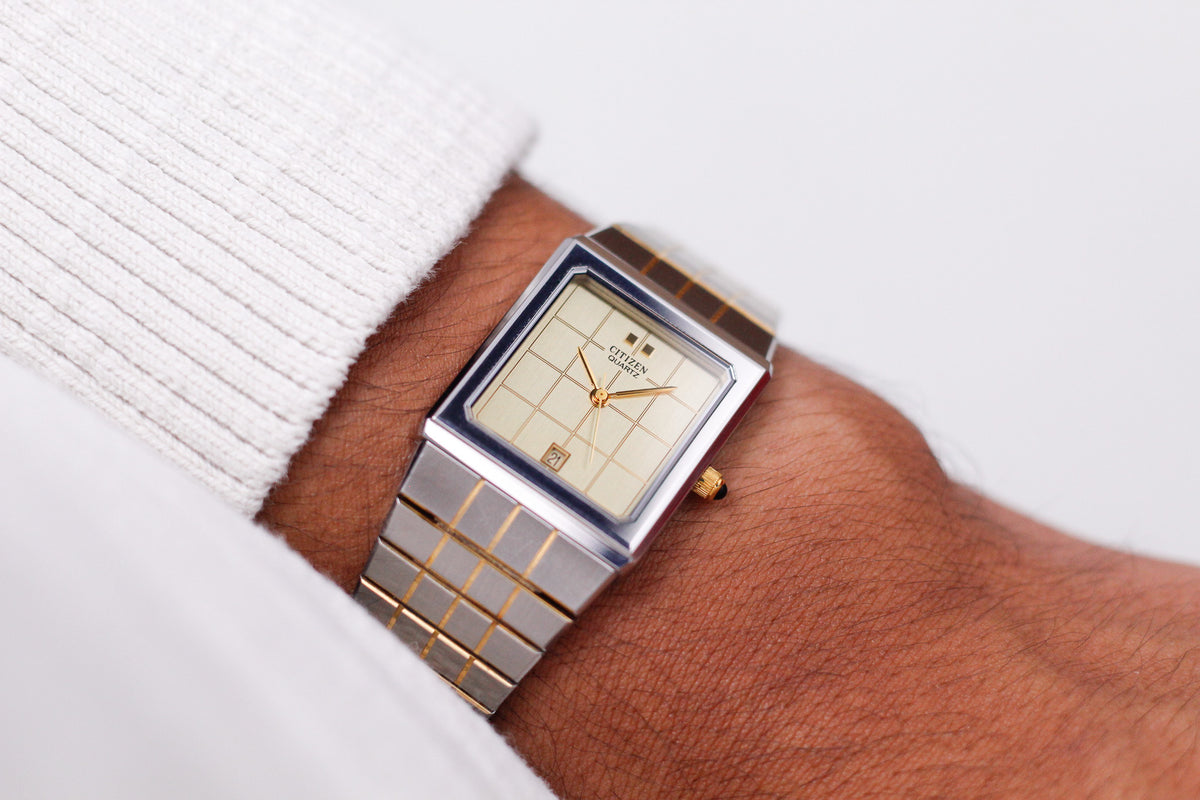 1984 Citizen Quartz Golden 'Grid' Dial Two Tone Tank Men's Wrist-Watch