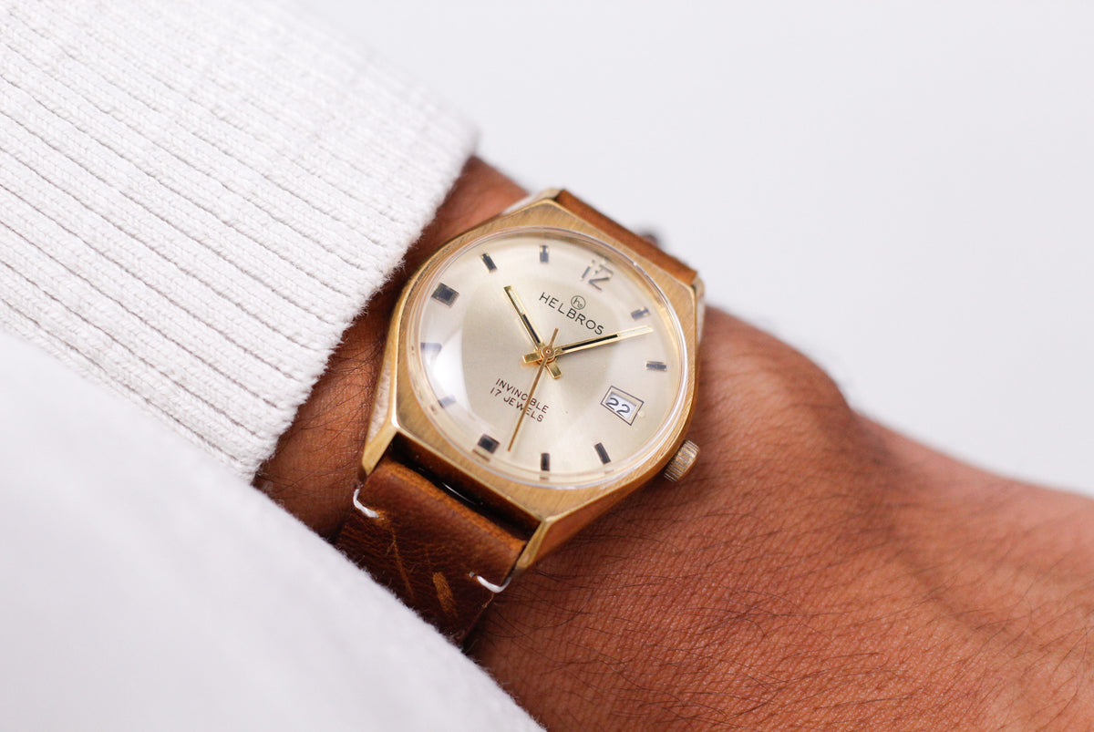 [Serviced] 1960s Helbros Mechanical Golden Sunburst Dial Men's Wrist-Watch