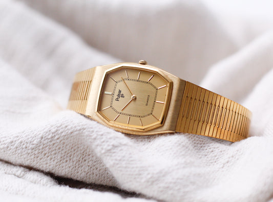 1983 Pulsar Quartz Straight Grain Golden Dial Men's Wrist Watch
