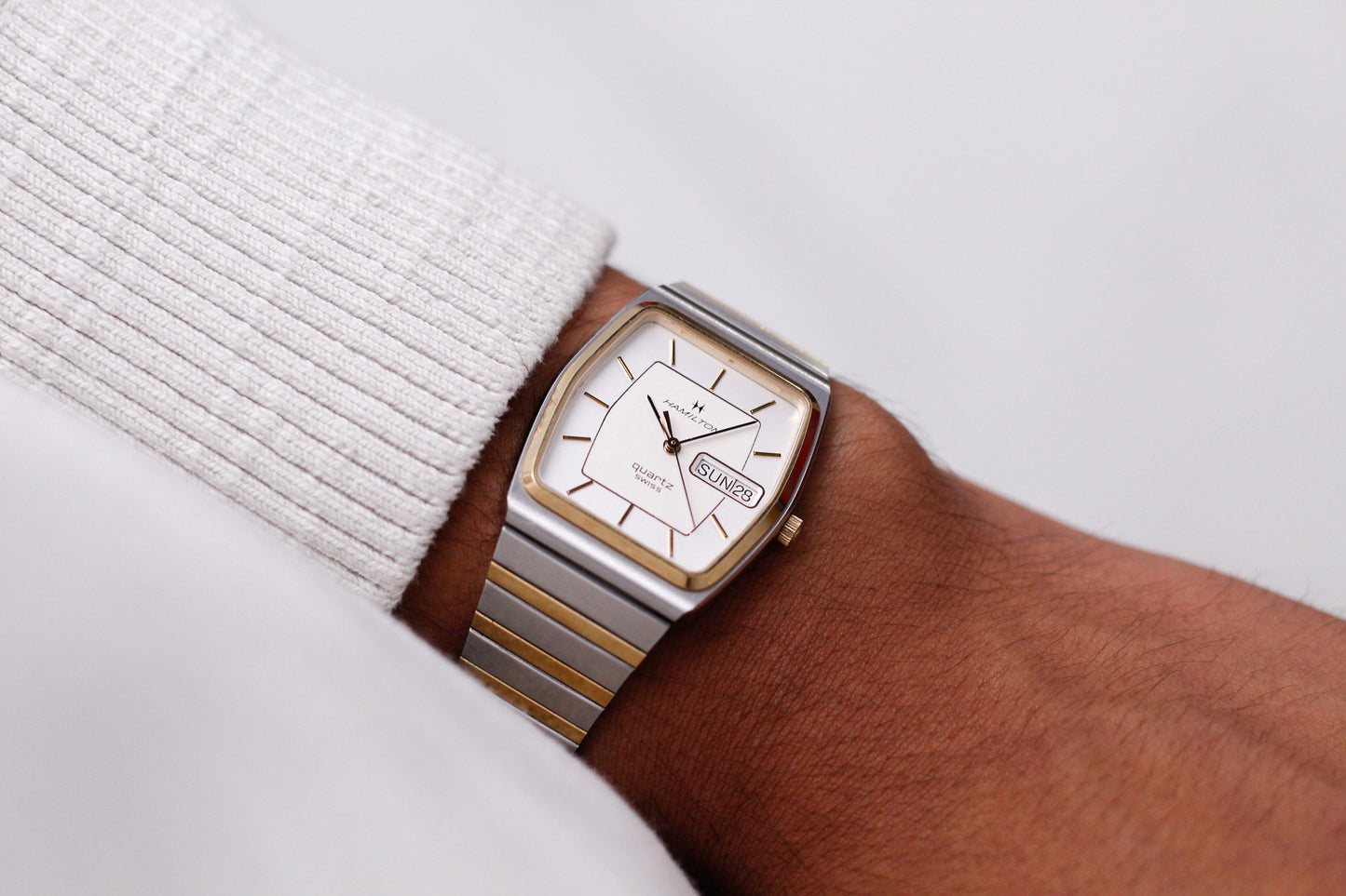 1980s Hamilton Quartz Cream White Dial Two Tone Men's Wrist-Watch W/Box & Papers
