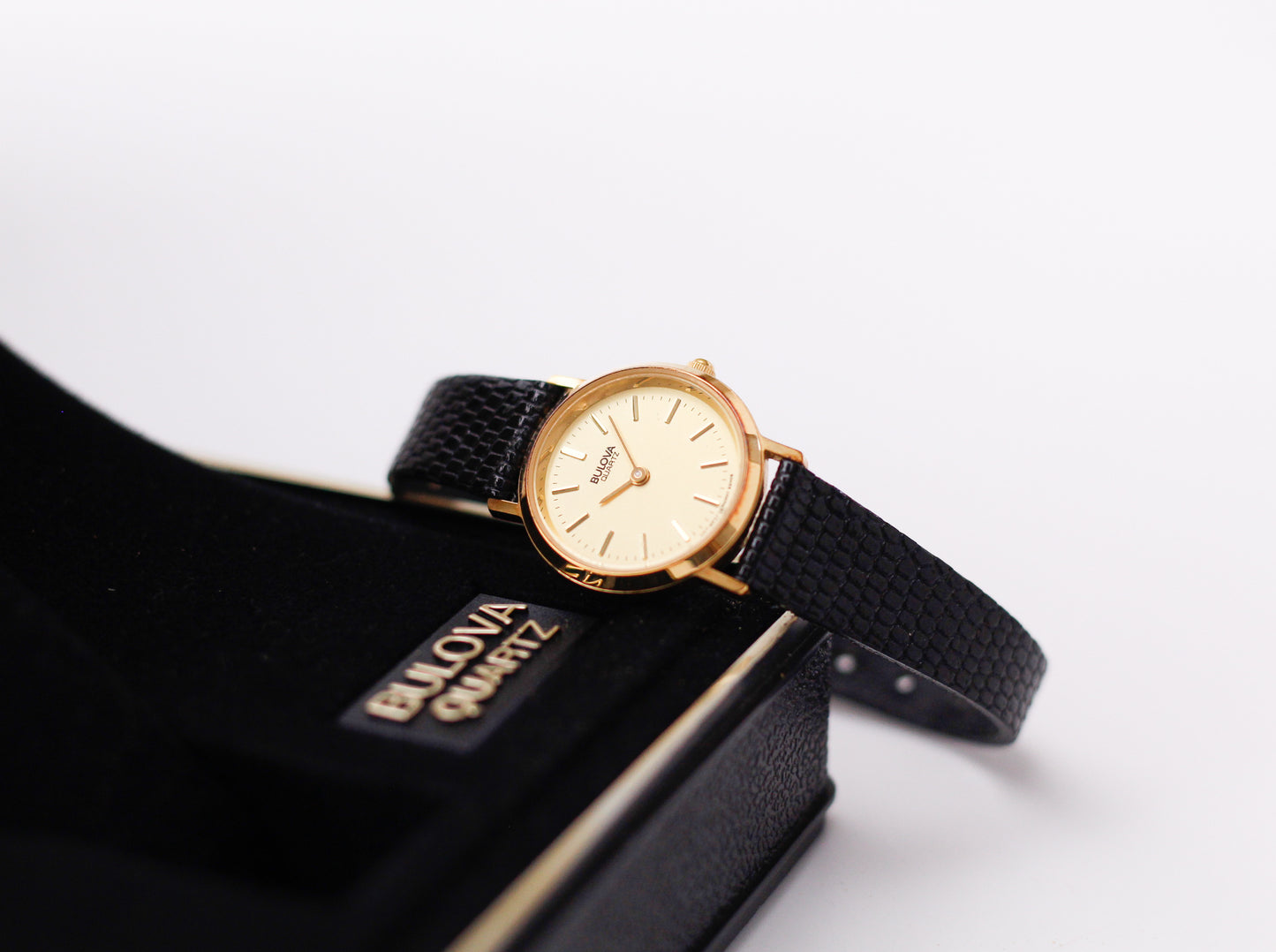 1980s Bulova Quartz Golden Dial Ladies' Wrist-Watch W/Box