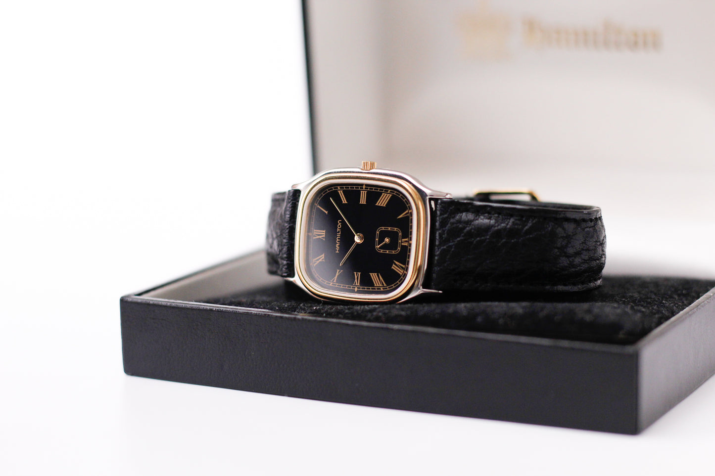 [Mint] 1995 Hamilton Quartz Jet Black Roman Dial Two Tone Men's Wrist-Watch W/Box