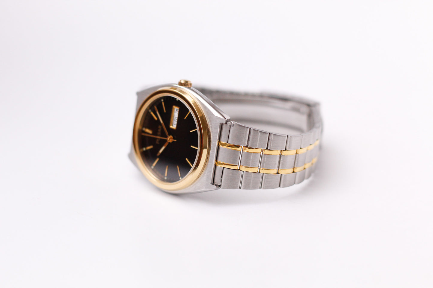 [Near Mint] 2000s Pulsar Quartz Inky Black Dial Two Tone Men's Wrist Watch