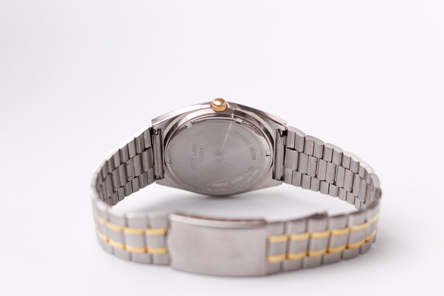 [Near Mint] 2000s Pulsar Quartz Inky Black Dial Two Tone Men's Wrist Watch