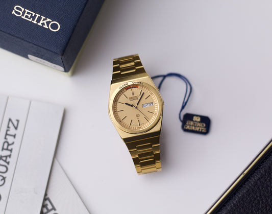 1980 Seiko SQ Alarm Golden Integrated Men's Wrist-Watch W/ Box, Papers & Tags