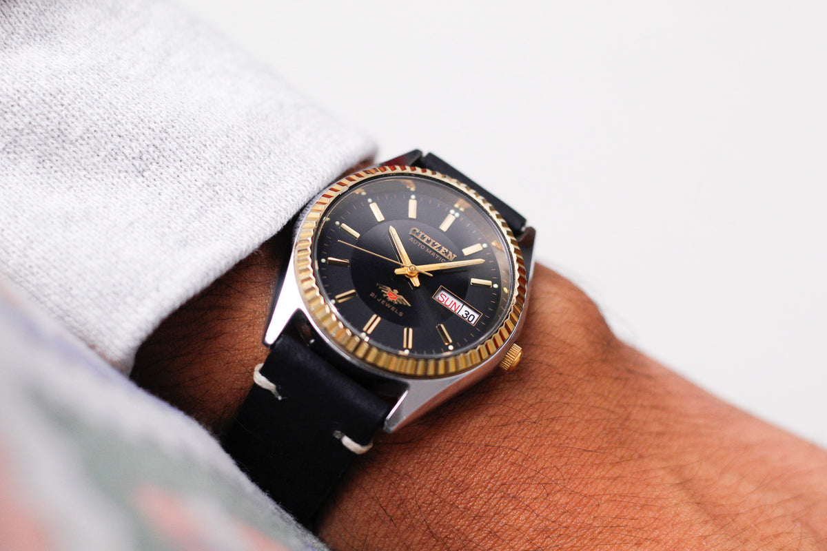 1989 Citizen Automatic Stark Black Dial Two Tone Case Men's Wrist-Watch