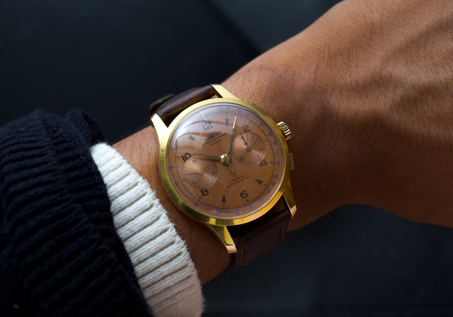 [Serviced] 1960s 10K Aureole Mechanical Chronograph Men's Wrist-Watch