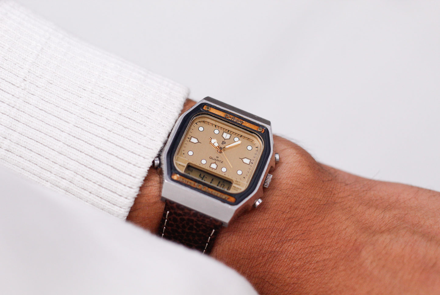 1982 Pulsar Quartz Ana-Digi Straight Grain Golden Dial Men's Wrist-Watch