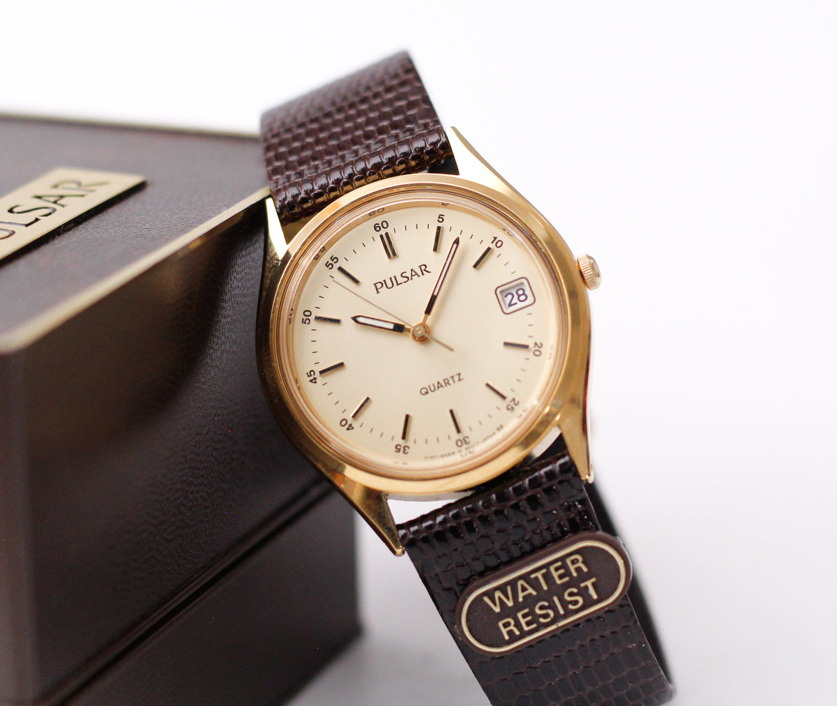 [Near Mint] 1997 Pulsar Quartz Golden Dial Men's Wrist-Watch W/Box
