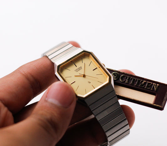 1995 Citizen Quartz Straight Grain Golden Dial Two Tone Men's Wrist-Watch