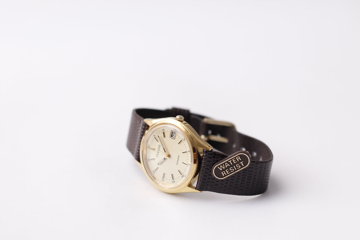 [Near Mint] 1997 Pulsar Quartz Golden Dial Men's Wrist-Watch W/Box
