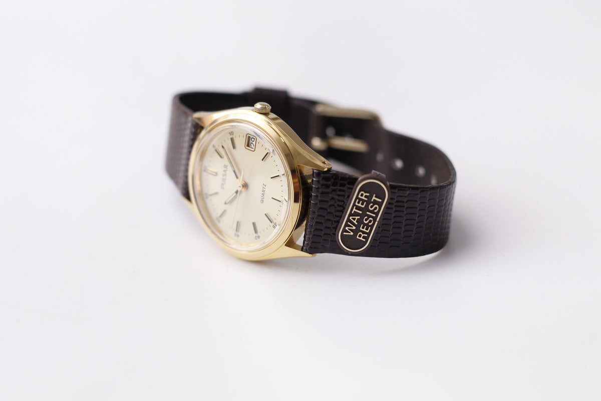 [Near Mint] 1997 Pulsar Quartz Golden Dial Men's Wrist-Watch W/Box