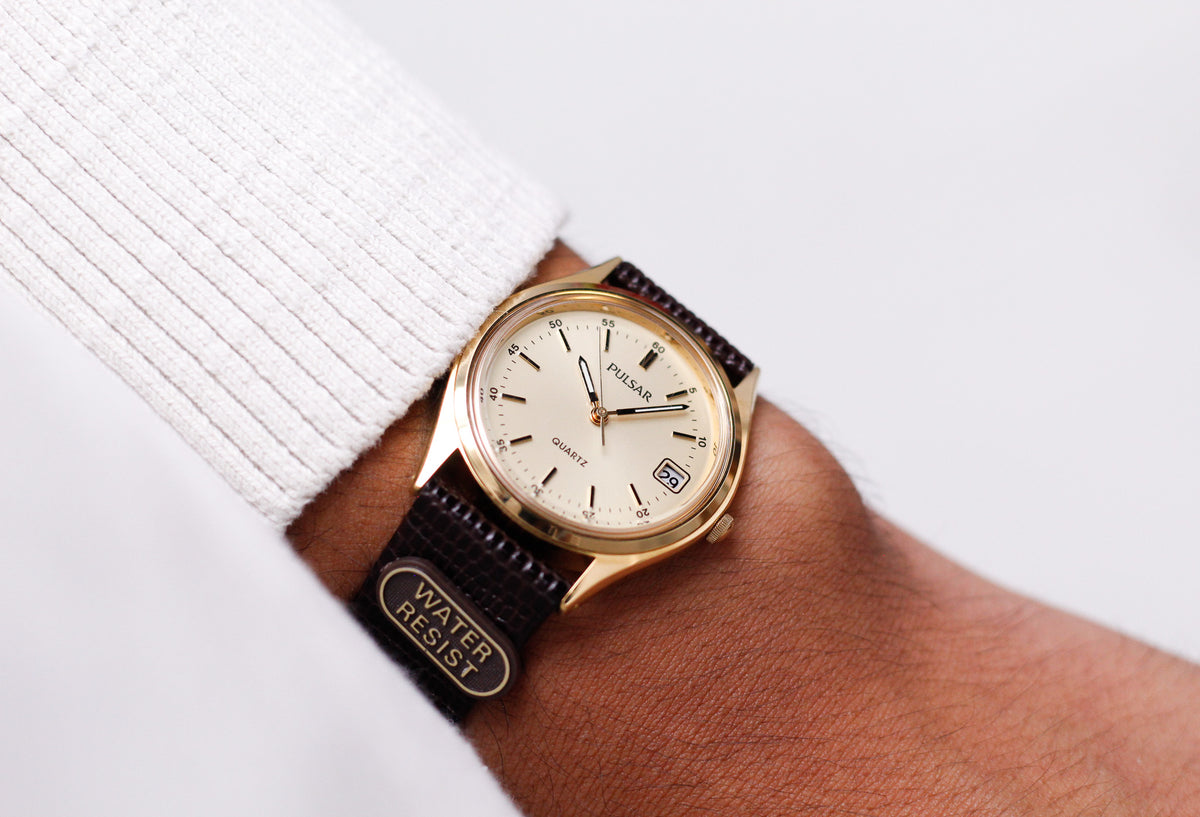 [Near Mint] 1997 Pulsar Quartz Golden Dial Men's Wrist-Watch W/Box