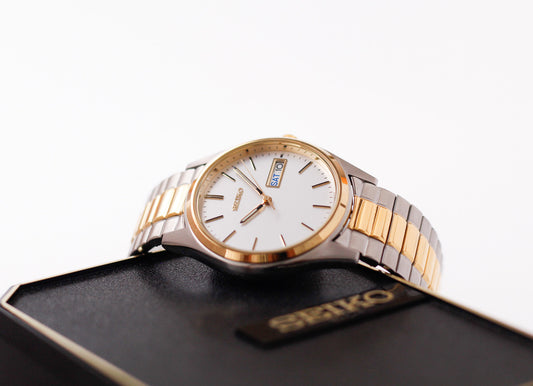 [Mint] Two Tone Seiko Quartz Straight Silver Dial Men's Wrist-Watch W/Box
