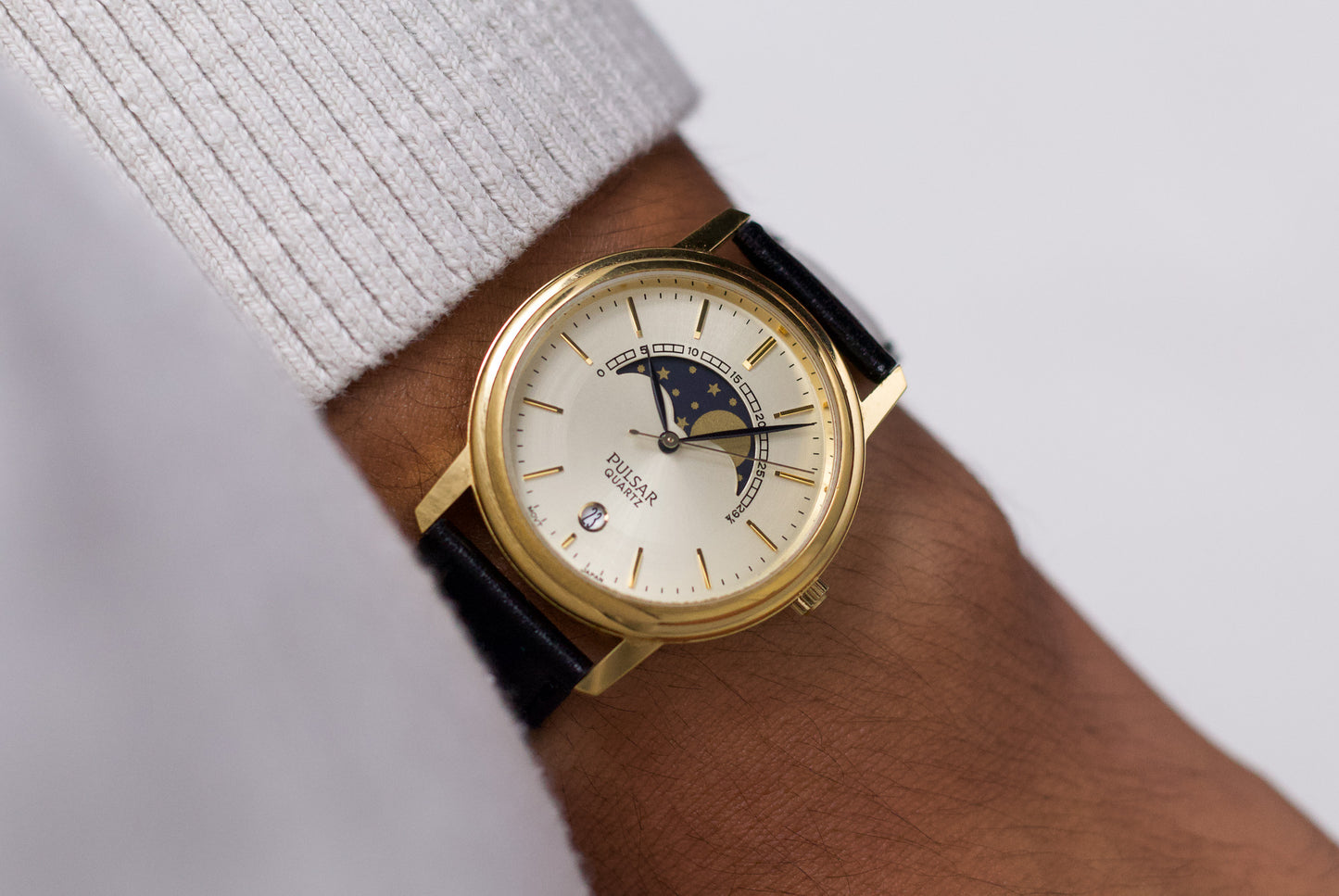 1991 Pulsar Quartz Moonphase Golden Dial Men's Wrist-Watch