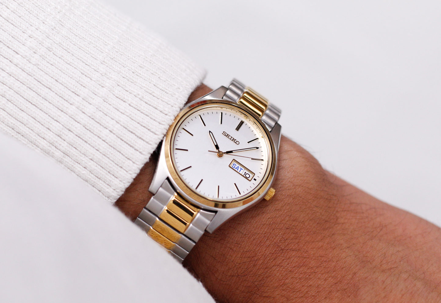 [Mint] Two Tone Seiko Quartz Straight Silver Dial Men's Wrist-Watch W/Box